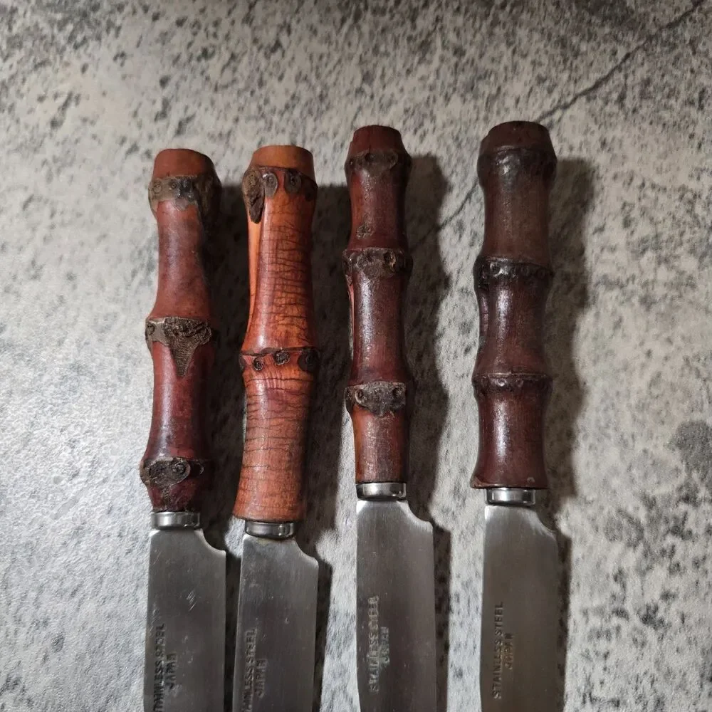 Bamboo Handle Cutlery Knifes Stainless Seki Hamonockk 4pcs Japan MCM Mid Century